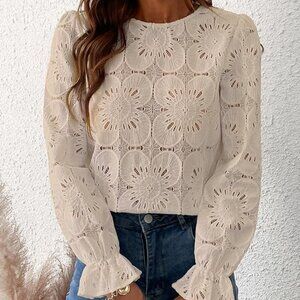 Women Eyelet Long Sleeve Shirt - Beige - Medium NWT